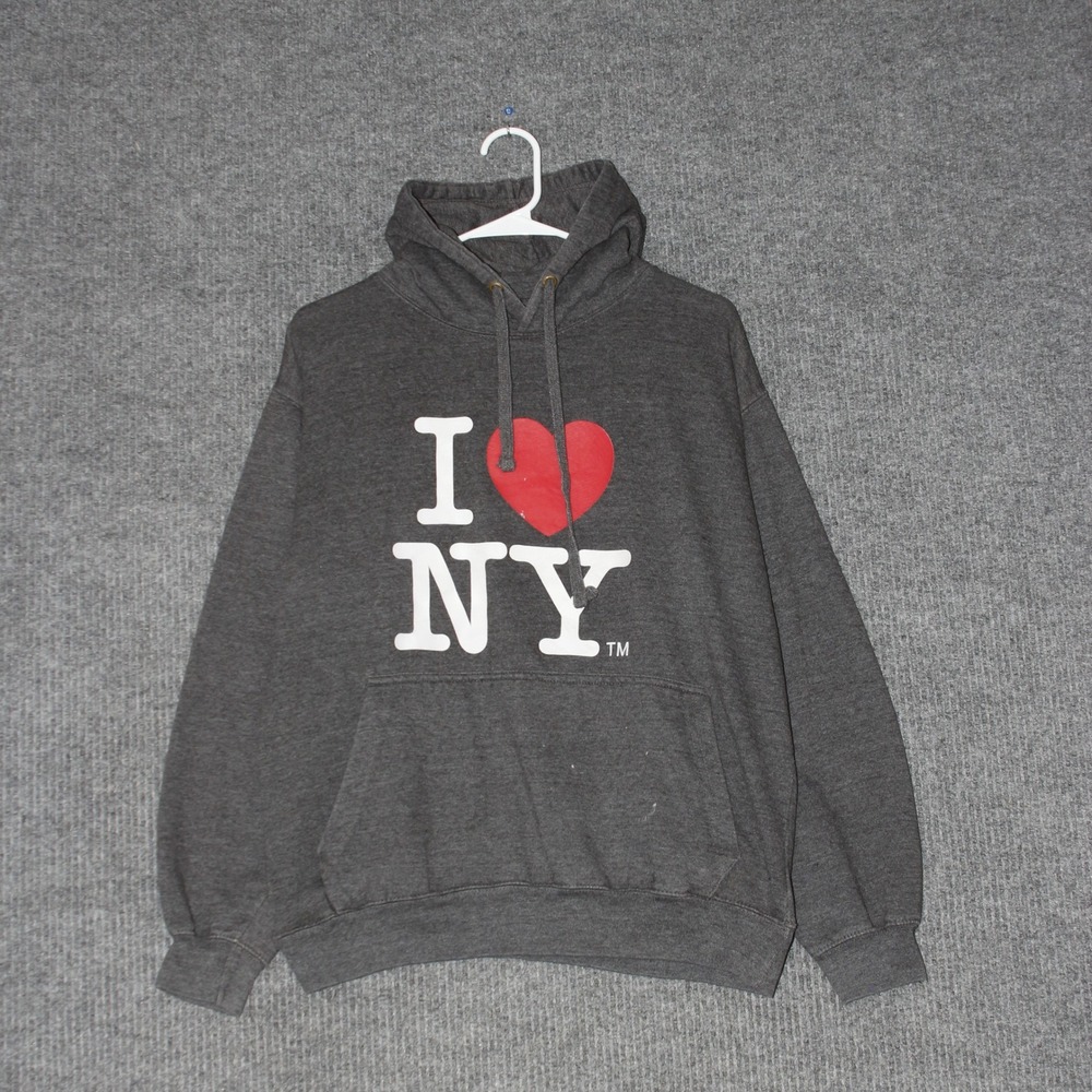 I Love New York Mens Size L Hoodie Gray Pullover Sweatshirt Winter Wear